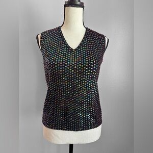 Joseph A. Black Beaded Sequin Knit Tank Top L Iridescent Evening Party Y2K Glam